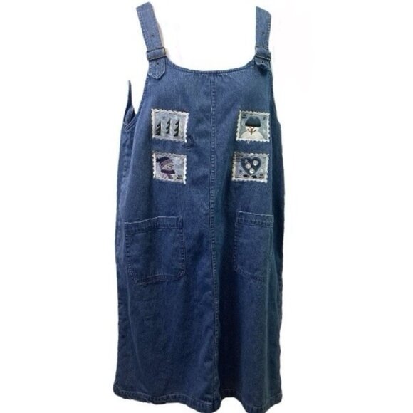 Vtg Christopher & Banks Womens Jumper Dress Denim Embroidery Snowman Y2K  XL - Picture 1 of 9